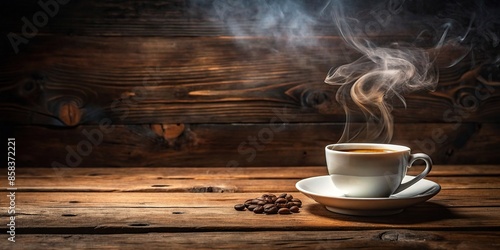 Steaming cup of coffee on a rustic wooden table, beverage, caffeine, mug, hot, drink, morning, espresso, aroma, latte, cappuccino photo