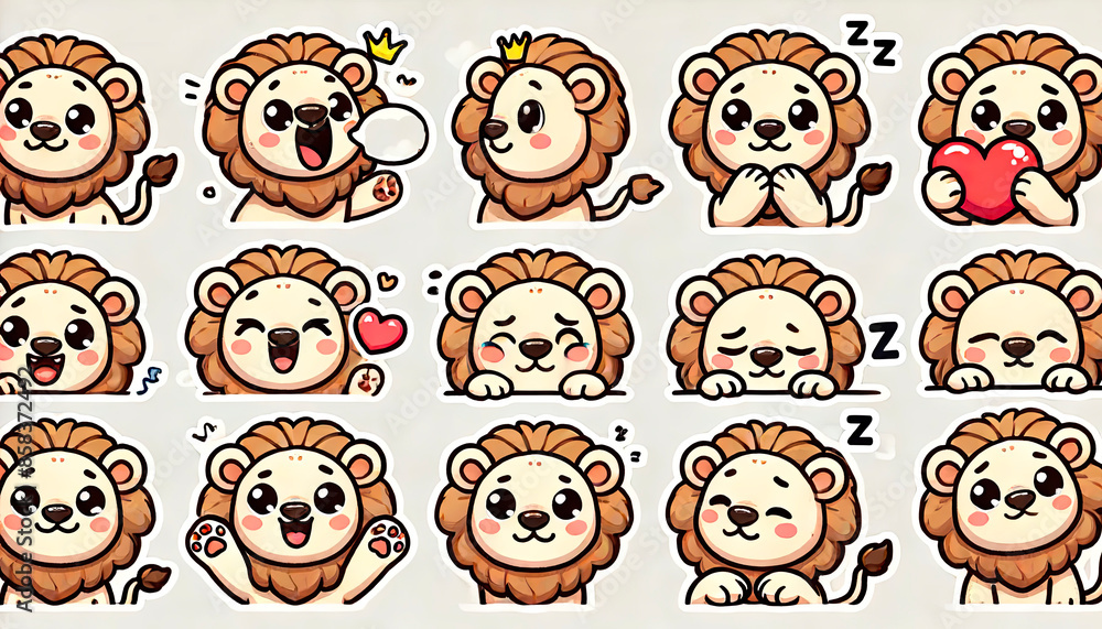 Cute cartoon lion stickers with various expressions and poses, perfect for children’s products, educational materials, merchandise, stationery, and playful designs. Cute cartoon lion stickers with various expressions and poses, perfect for children’s products, educational materials, merchandise, stationery, and playful designs.