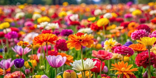 Vibrant field of colorful flowers blooming in full bloom, nature, tapestry, breathtaking, field, flowers, vibrant