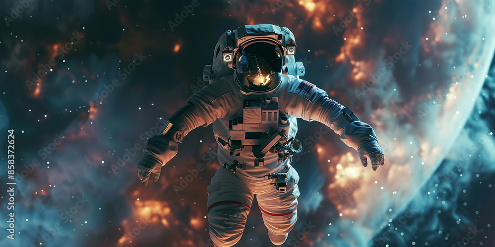 Fototapeta premium A astronaut floating in space, dark and ominous mood