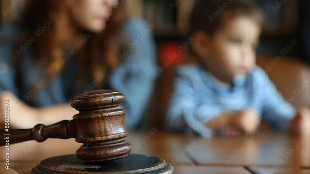 Cute child and mother at table with gavel of judge blurred in background, family law concept Cute child and mother at table with gavel of judge blurred in background, family law concept
