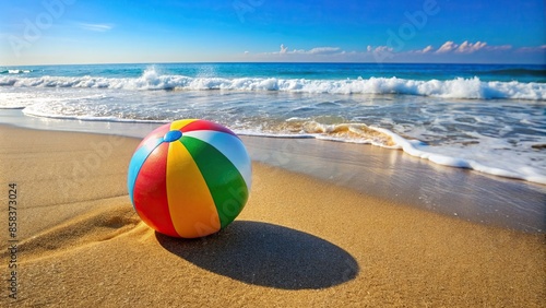Colorful beach ball covered in sand on a sunny beach with waves in the background, Summer, fun, beach, ball, sand, sunny