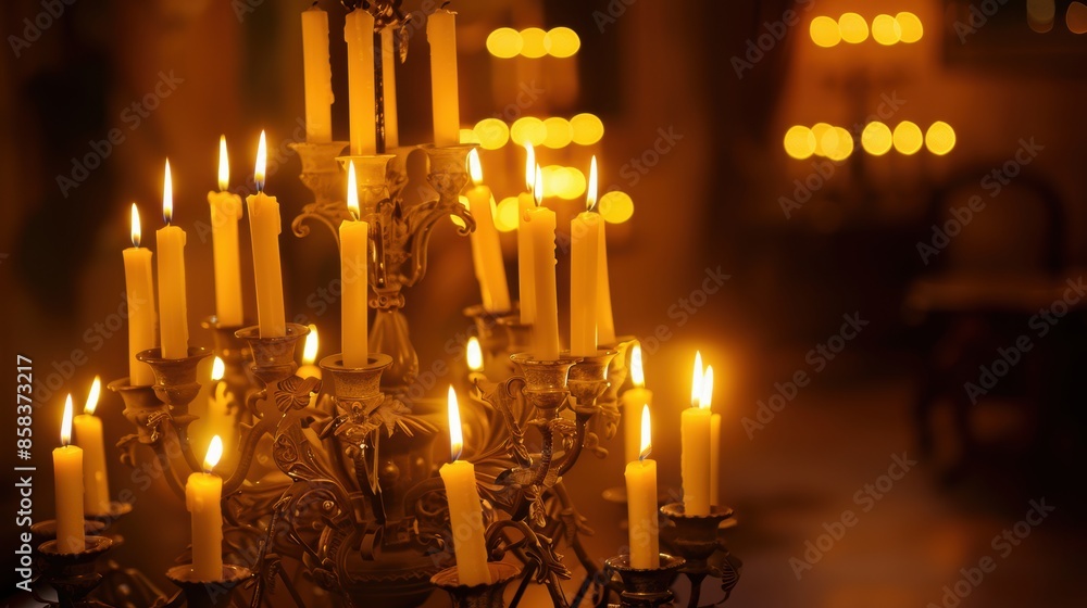 Antique candelabra with flickering candles in a dark room Antique candelabra with flickering candles in a dark room