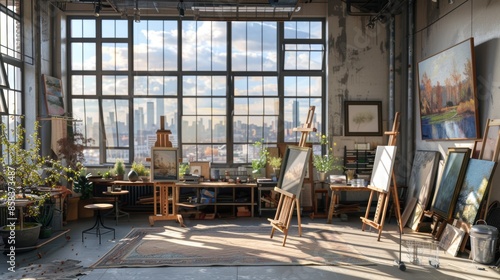 Artists loft with city view and easel in natural light