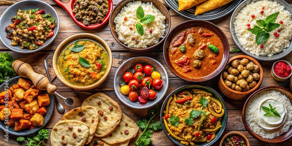 A close-up photo of a diverse selection of colorful and appetizing international dishes , global cuisine