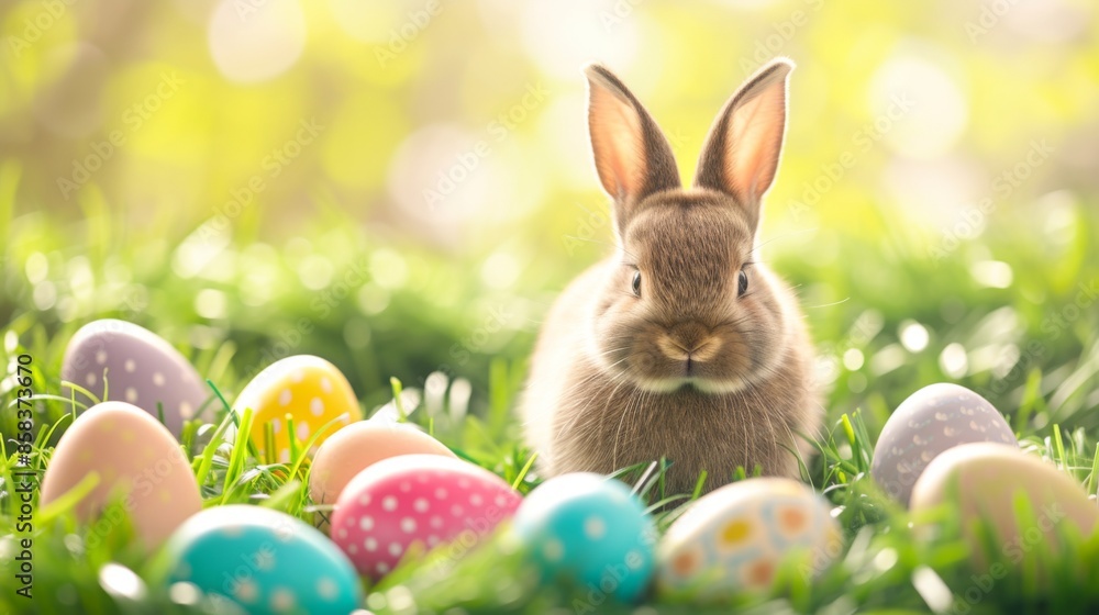 A playful Easter bunny sitting among colorful Easter eggs on a bed of fresh green grass A playful Easter bunny sitting among colorful Easter eggs on a bed of fresh green grass