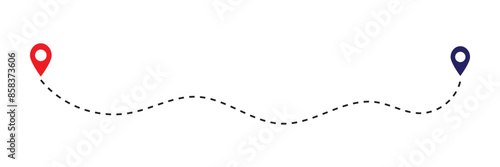 Route icon - two points with dotted path and location pin. Route location icon two pin sign and dotted line. Travel vector icon. Travel from start point and dotted line tracing