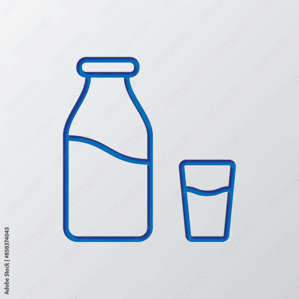 Milk bottle with glass simple icon vector. Flat design. Paper cut design. Cutted blue symbol with shadow. Gray background Milk bottle with glass simple icon vector. Flat design. Paper cut design. Cutted blue symbol with shadow. Gray background