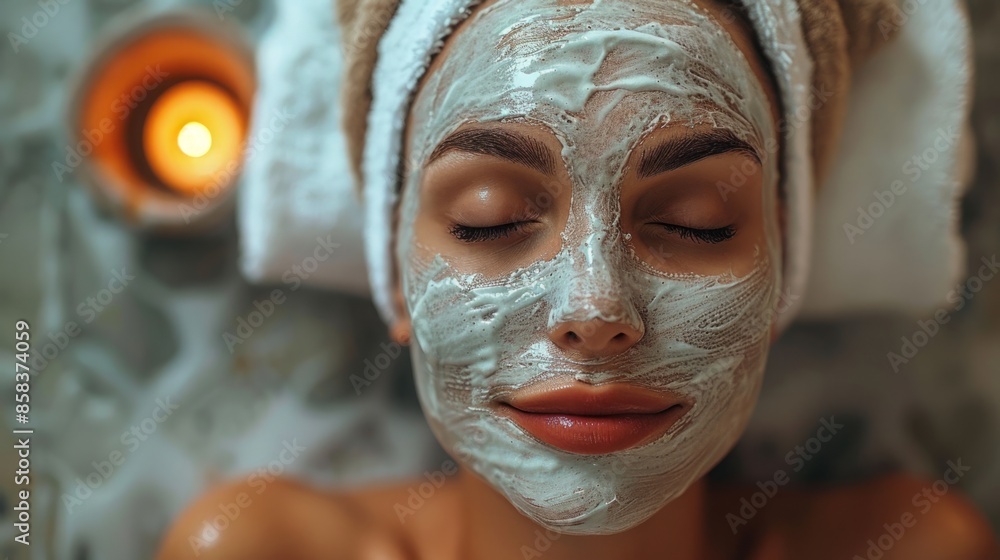 A close-up of a woman face with a white face mask, eyes closed, relaxing during a facial treatment in a spa. A close-up of a woman face with a white face mask, eyes closed, relaxing during a facial treatment in a spa.