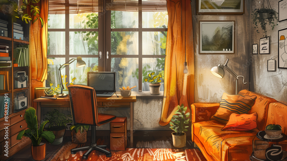 Cozy and organized home office with orange accents Cozy and organized home office with orange accents