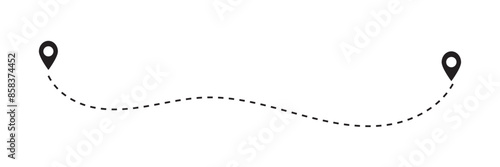 Dot line path route travel banner illustration with location map pin icon for destination.