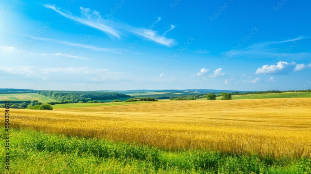 Fototapeta premium A picturesque rural landscape featuring golden fields and vibrant green grass under a clear blue sky