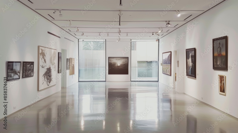 Modern art gallery interior with paintings and large windows Modern art gallery interior with paintings and large windows