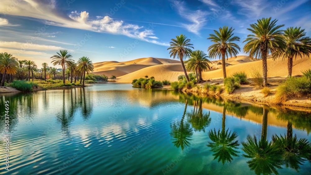 A tranquil desert oasis with crystal clear blue water surrounded by lush green palm trees and golden sand dunes, Desert