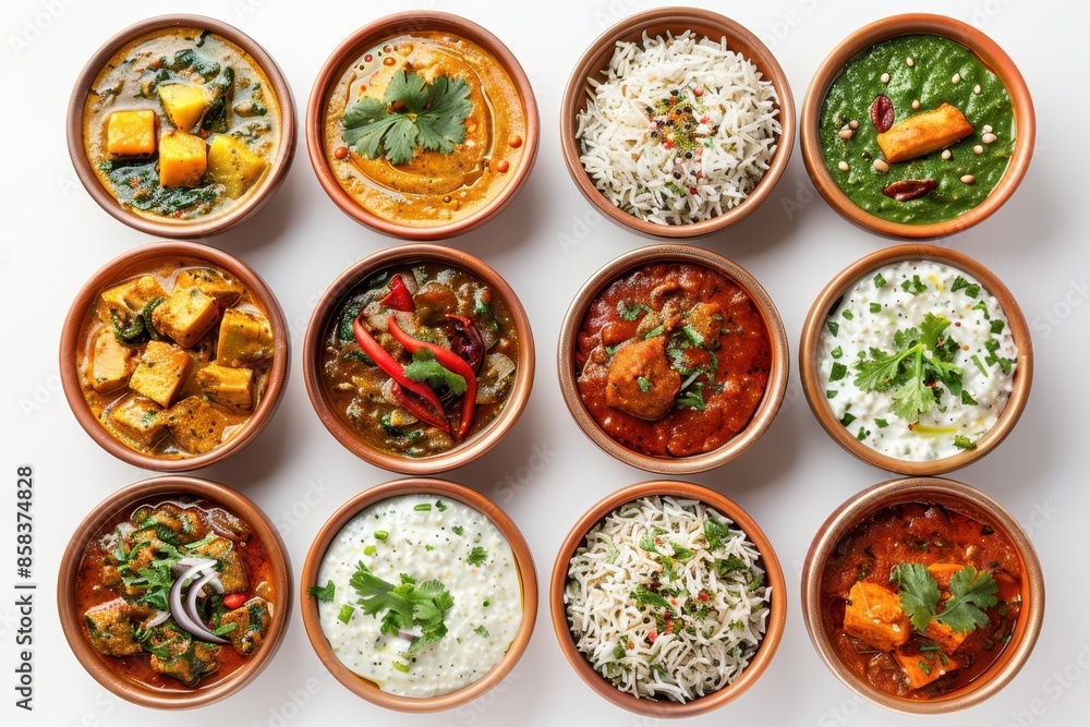 Indian Cuisine: A Variety of Curries, Rice, and Yogurt Dishes