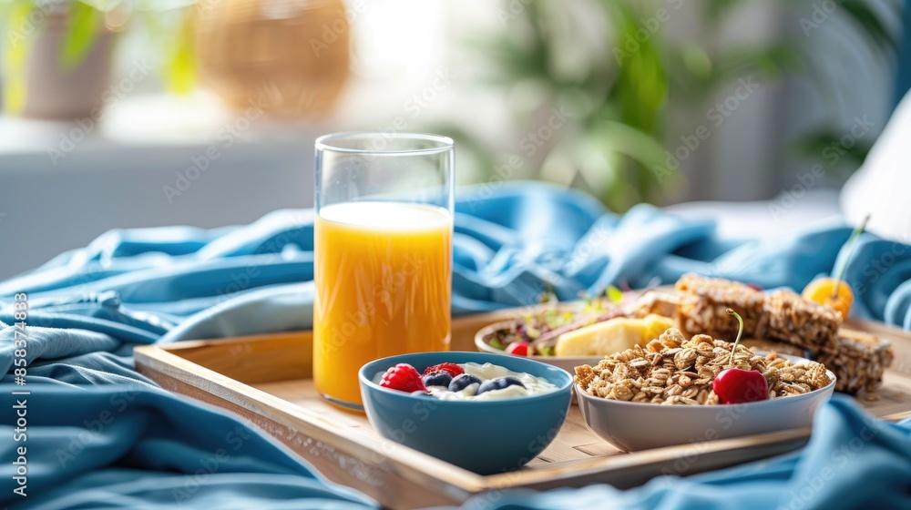 Nutritious morning meal with granola fruit and juice on wooden tray in blue bed Sunny calm morning trendy food lifestyle Nutritious morning meal with granola fruit and juice on wooden tray in blue bed Sunny calm morning trendy food lifestyle