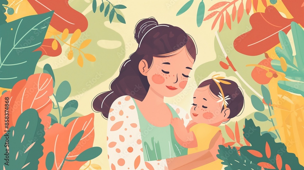 Mother and adorable child with leaves background Mother and adorable child with leaves background