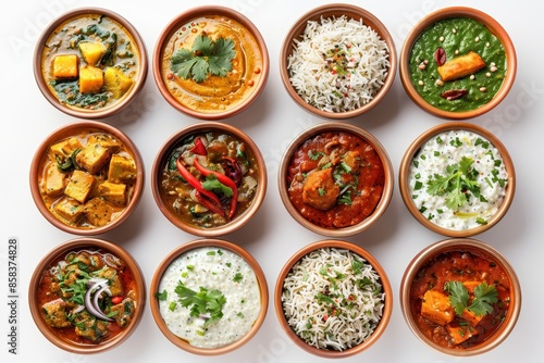 Indian Cuisine: A Variety of Curries, Rice, and Yogurt Dishes