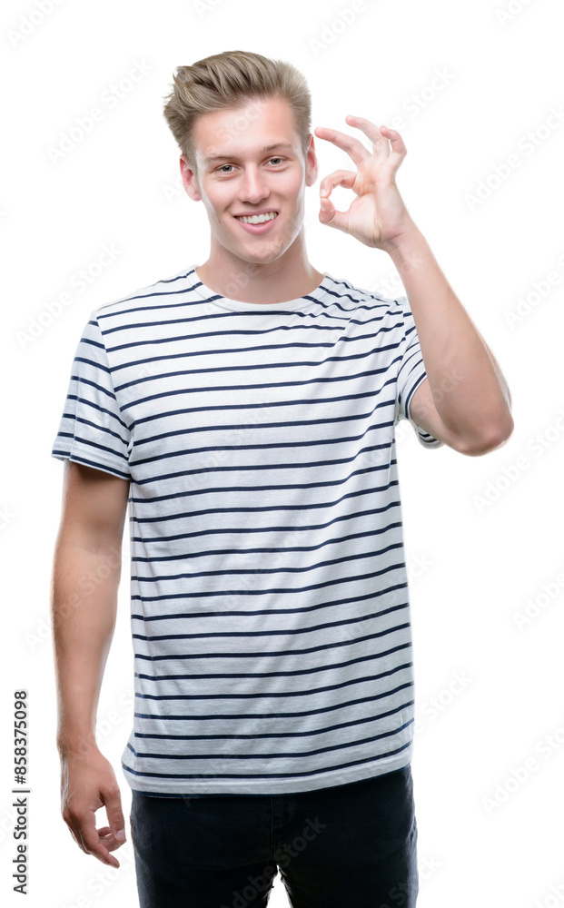 Young handsome blond man wearing stripes sailor t-shirt doing ok sign with fingers, excellent symbol Young handsome blond man wearing stripes sailor t-shirt doing ok sign with fingers, excellent symbol
