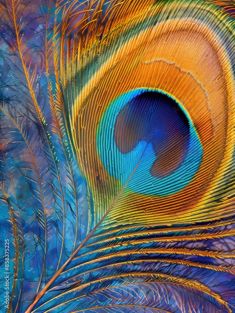 Obraz premium Colorful Detailed Peacock Feather Pattern in Vibrant Colors on Black Background