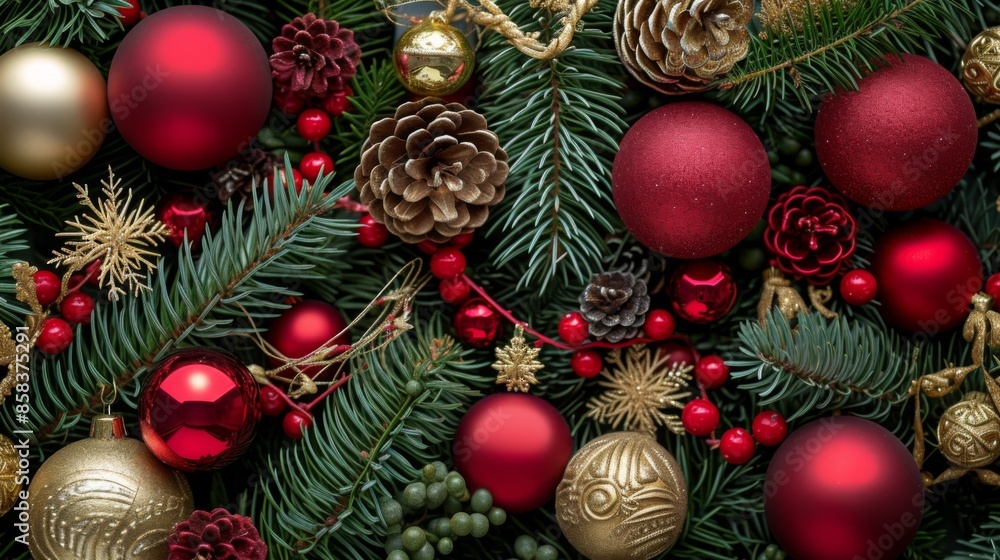 A festive Christmas composition featuring fir branches adorned with holiday ornaments and decorations A festive Christmas composition featuring fir branches adorned with holiday ornaments and decorations