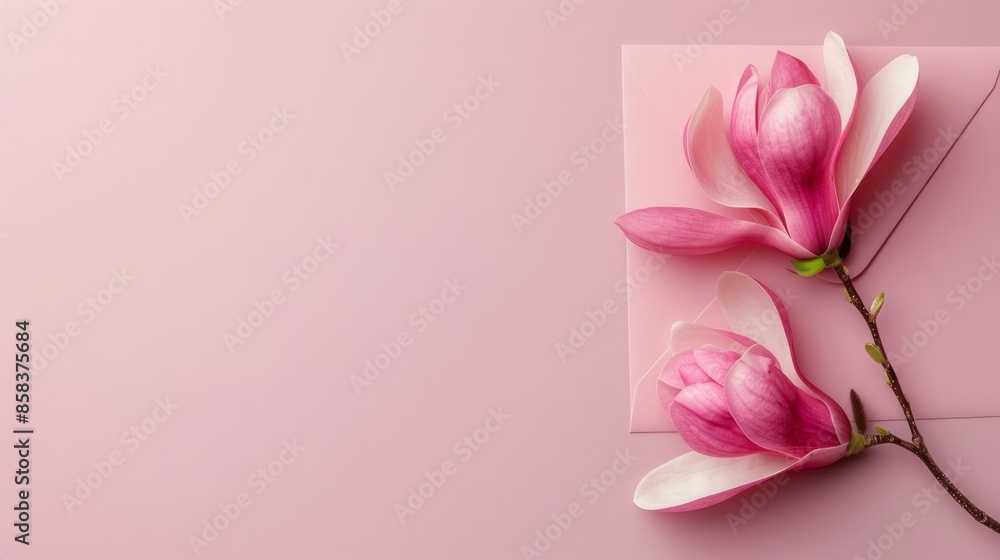 Magnolia decorated letter envelope on pink background Magnolia decorated letter envelope on pink background