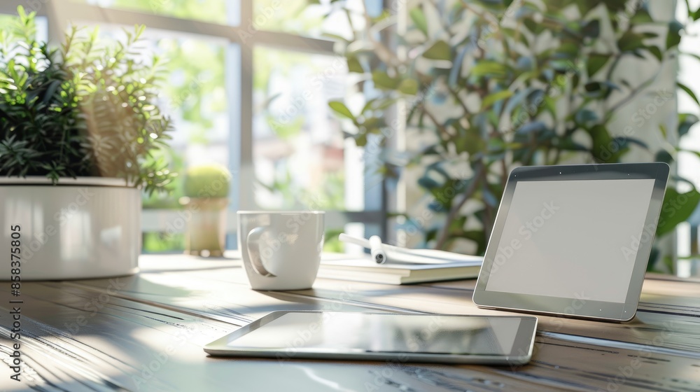 Contemporary office setup with tablet and coffee cup for design showcase Contemporary office setup with tablet and coffee cup for design showcase