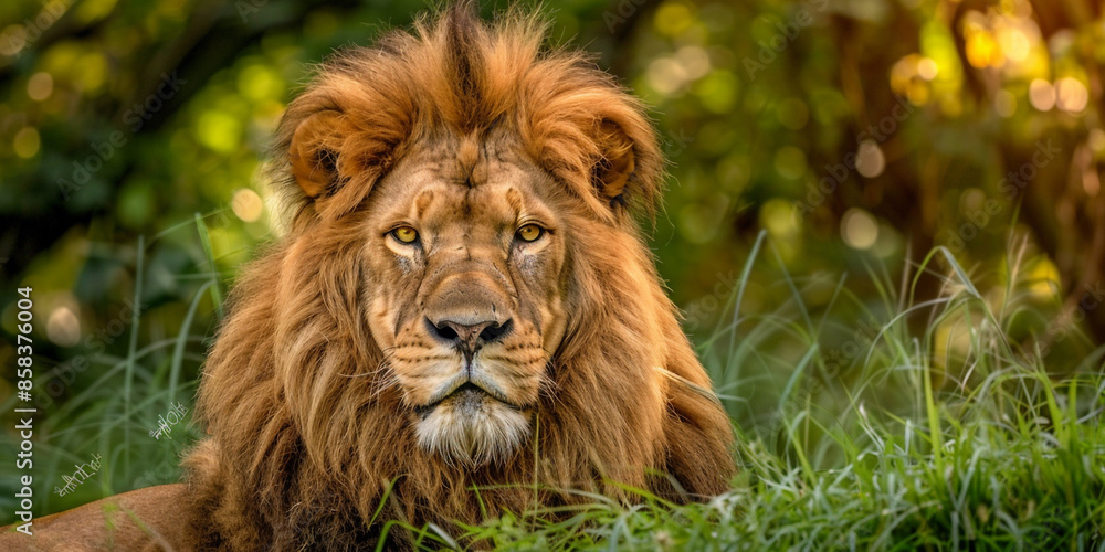 A majestic lion with its head raised, sitting in the lush green grass of an African savannah A majestic lion with its head raised, sitting in the lush green grass of an African savannah