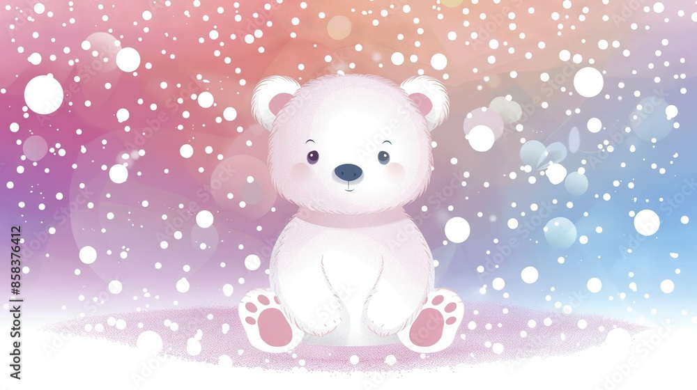 White bear in snow with snowflakes on its back and blue sky background White bear in snow with snowflakes on its back and blue sky background