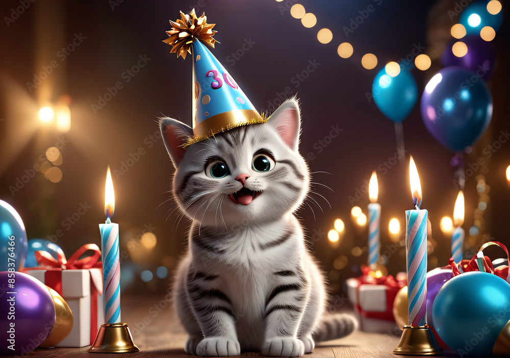 Happy cute cat in party hat celebrating birthday. Generative AI. Happy cute cat in party hat celebrating birthday. Generative AI.