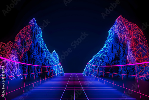 Intricate neon highline setup between mountains isolated on black background. photo
