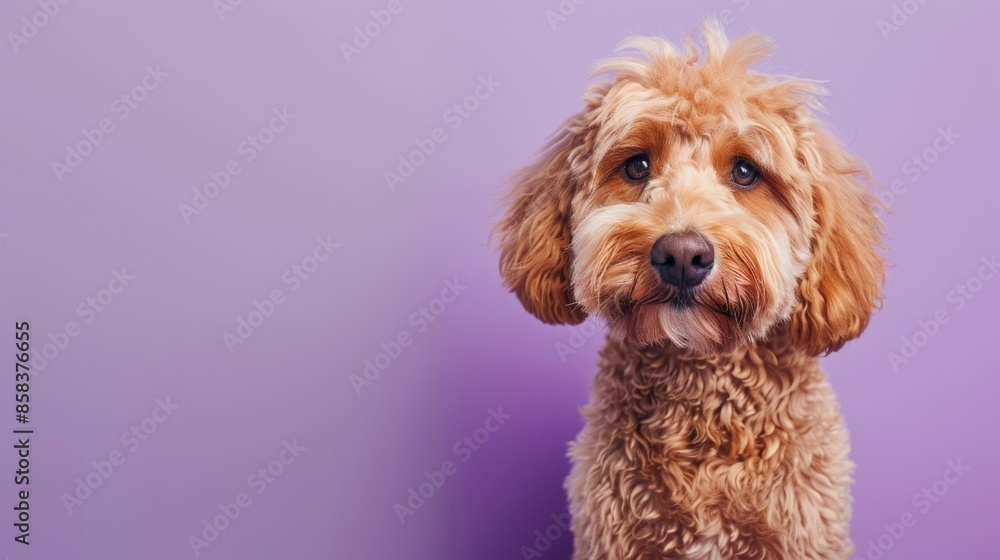 Adorable Labradoodle dog pre grooming at pet salon with purple backdrop Space for text Adorable Labradoodle dog pre grooming at pet salon with purple backdrop Space for text