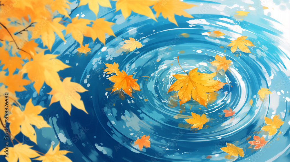 Tranquil Autumn Leaves Floating on Cool Water Background - 冷たい水の背景に浮かぶ静かな紅葉 Tranquil Autumn Leaves Floating on Cool Water Background - 冷たい水の背景に浮かぶ静かな紅葉