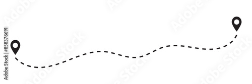 Route location icon, three map pin sign and road or path, start and end journey symbol, black color vector illustration isolated on white background