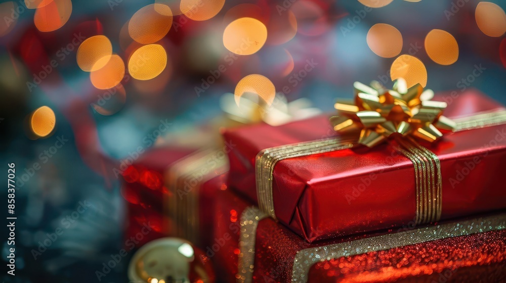 festive red and gold wrapped presents on blurred holiday background seasonal marketing and advertising concept festive red and gold wrapped presents on blurred holiday background seasonal marketing and advertising concept