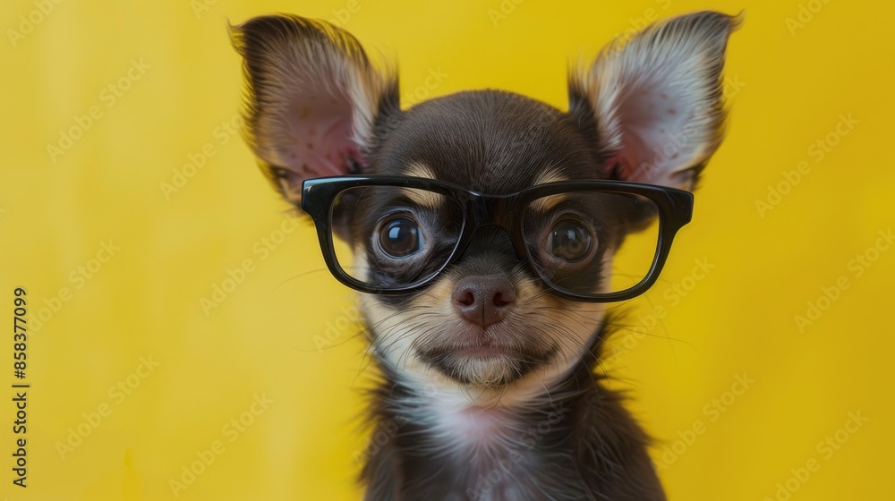Adorable Chihuahua Puppy in Glasses on Yellow Background Adorable Chihuahua Puppy in Glasses on Yellow Background