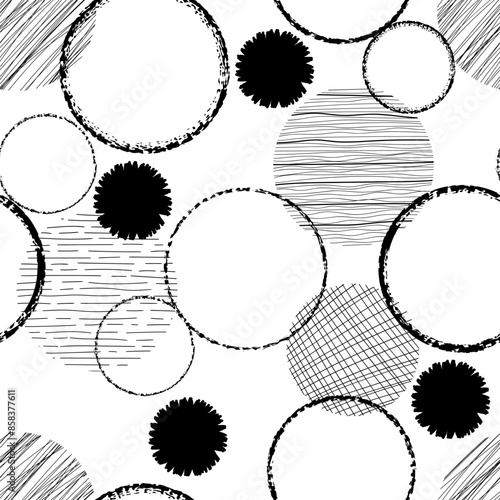 Abstract geometric seamless pattern with textured circles. Repeat geometry brush strokes texture. Great for textile, fabric, wallpaper, wrapping, scrapbook and packaging