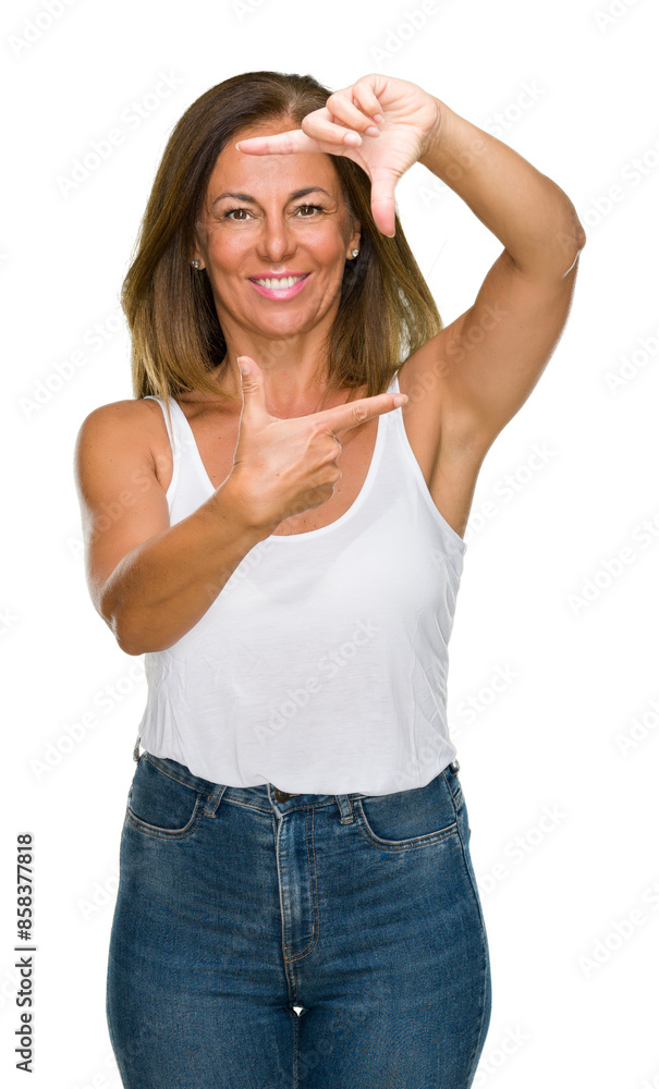 Beautiful middle age casual adult woman over isolated background smiling making frame with hands and fingers with happy face. Creativity and photography concept. Beautiful middle age casual adult woman over isolated background smiling making frame with hands and fingers with happy face. Creativity and photography concept.