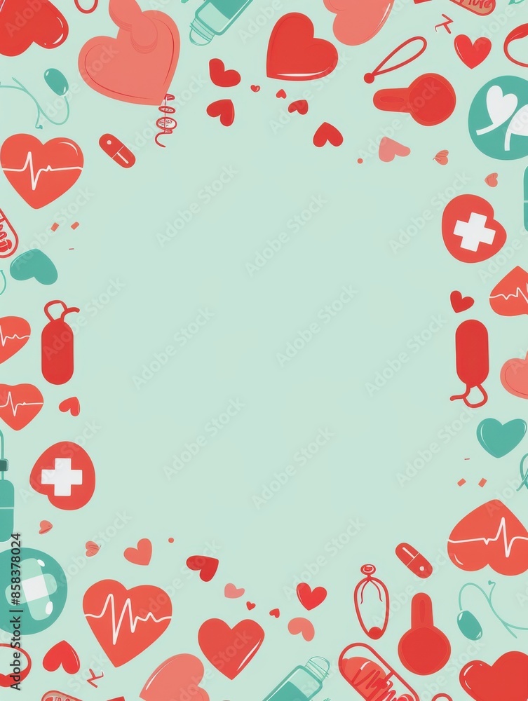 Border design with medical icons and heart shapes, isolated on a light green background, celebrating organ donation day Border design with medical icons and heart shapes, isolated on a light green background, celebrating organ donation day