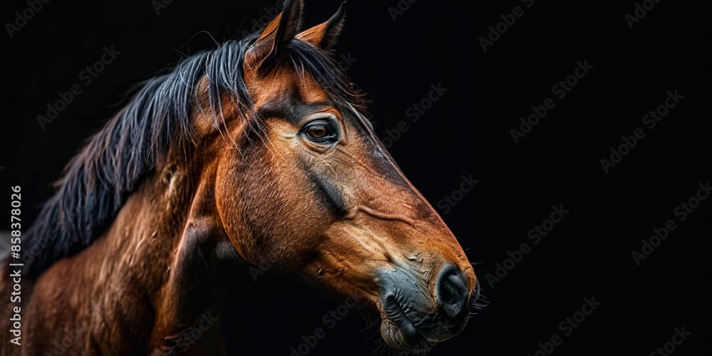 Obraz premium Portrait of a brown horse on a black background