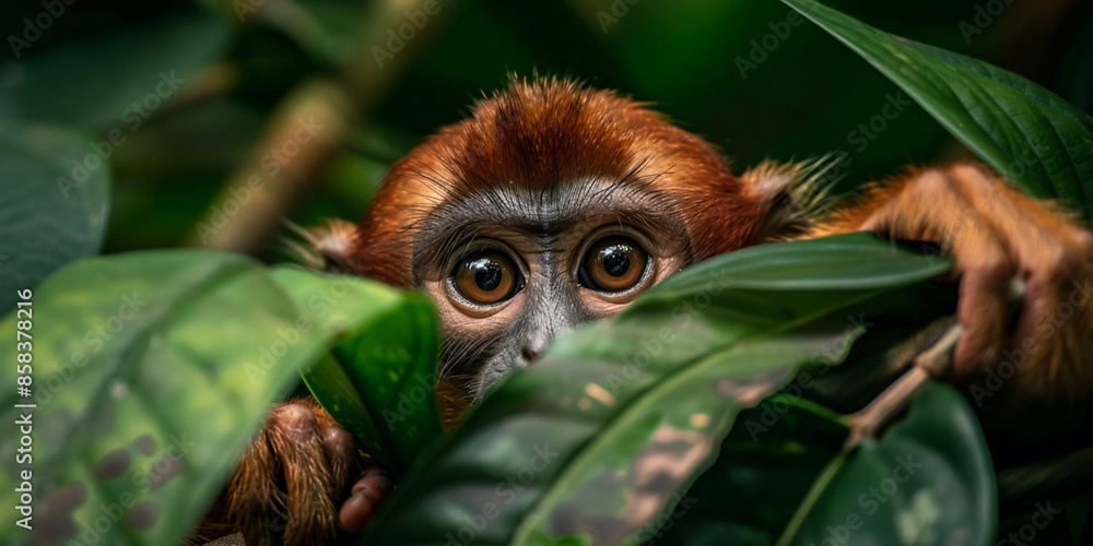 A cute little red monkey peeks out from behind the leaves of a tropical rainforest A cute little red monkey peeks out from behind the leaves of a tropical rainforest