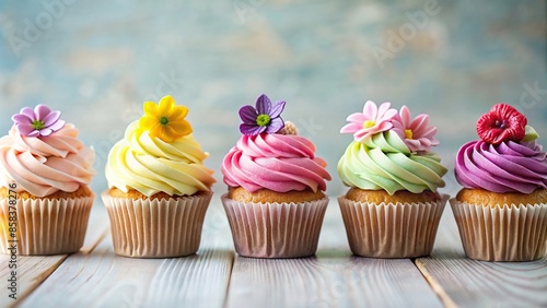Row of beautifully decorated cupcakes, a feast for the eyes, cupcakes, dessert, sweets, colorful, icing, buttercream