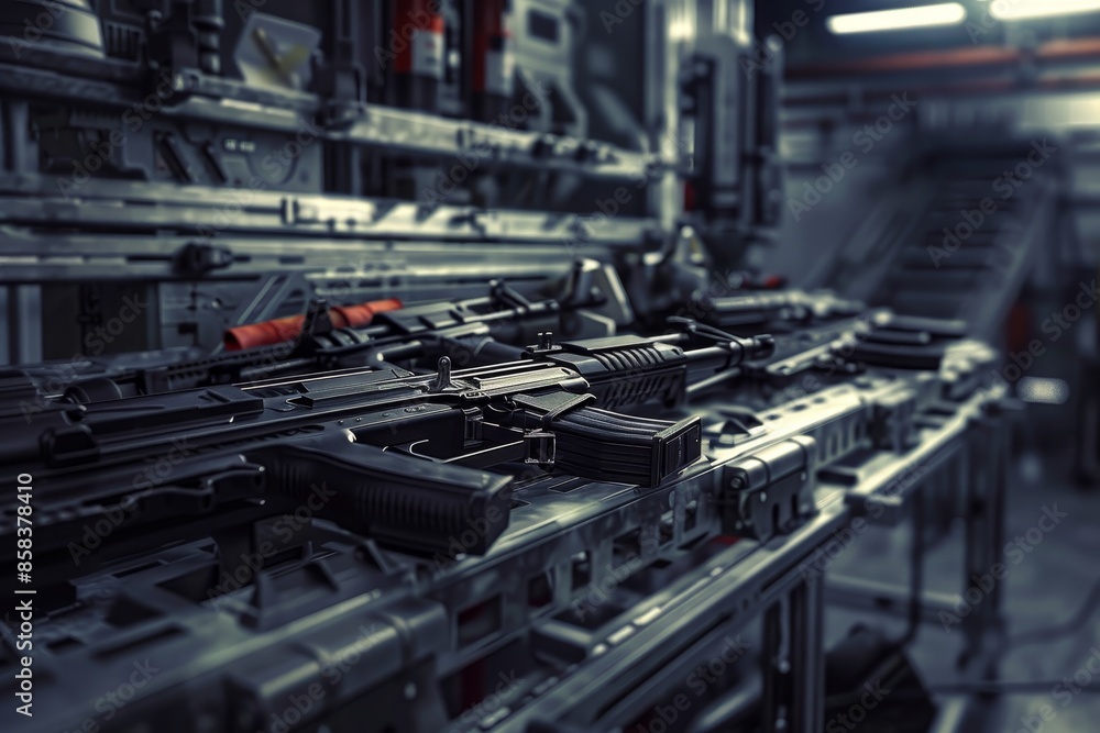Weapons lie on a weapons assembly line at a defense plant Weapons lie on a weapons assembly line at a defense plant