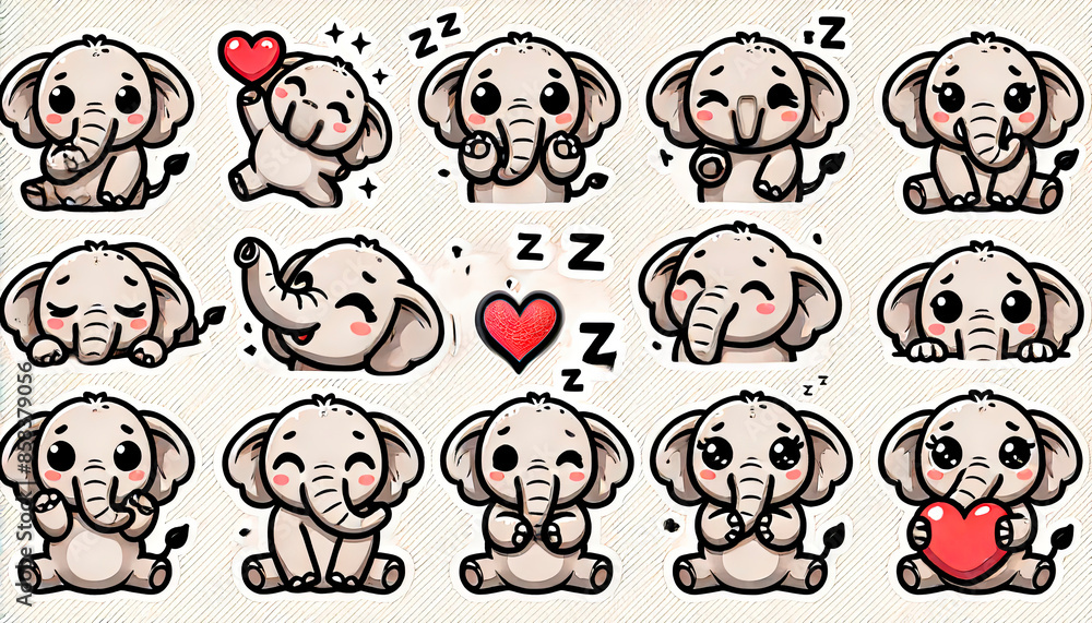 Obraz premium Cute cartoon elephant stickers with various expressions and poses, perfect for children’s products, educational materials, merchandise, stationery, and playful designs.