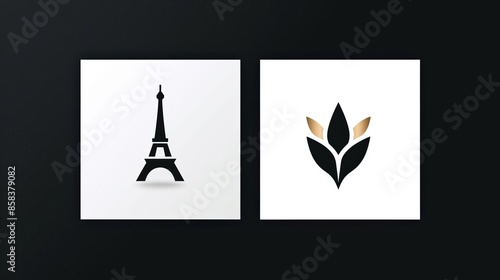 Minimalist logo design with Eiffel Tower and floral element.