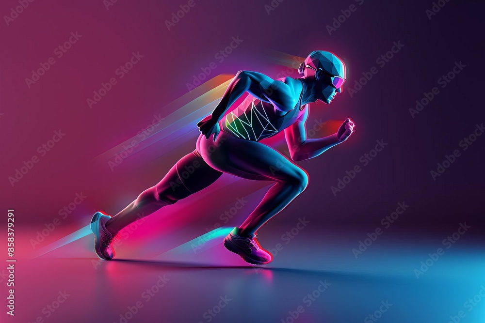 Silhouette of a runner in neon light, dynamic pose, speed, energy. Silhouette of a runner in neon light, dynamic pose, speed, energy.