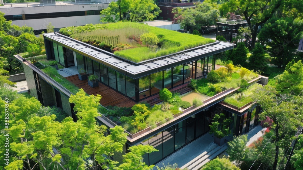 Aerial view of a sustainable building with a green roof installation in a lush urban setting Aerial view of a sustainable building with a green roof installation in a lush urban setting