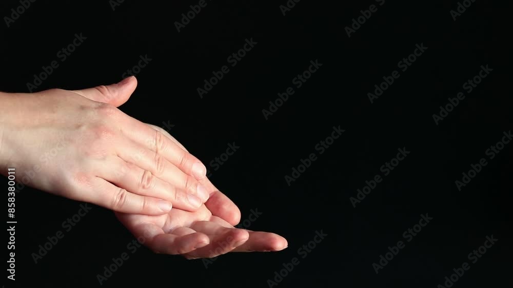 Woman applying hand cream, black background. Moisturizing cream for skin. Anti-aging cosmetics. Feminine hand care. Girl applying hand cream to the skin using massage movements Woman applying hand cream, black background. Moisturizing cream for skin. Anti-aging cosmetics. Feminine hand care. Girl applying hand cream to the skin using massage movements