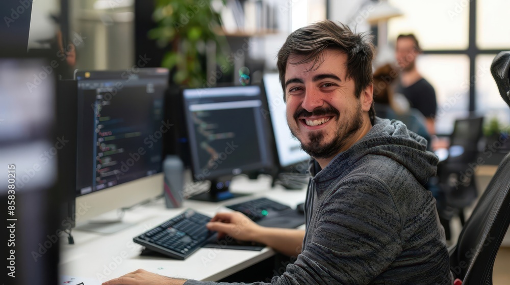 happy programmer working with multiple computers in modern office cheerful happy programmer working with multiple computers in modern office cheerful
