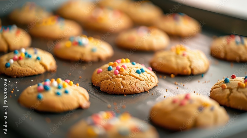 Baking tray of colorful cookies fresh out of the oven, realistic textures, high resolution, copy space Baking tray of colorful cookies fresh out of the oven, realistic textures, high resolution, copy space